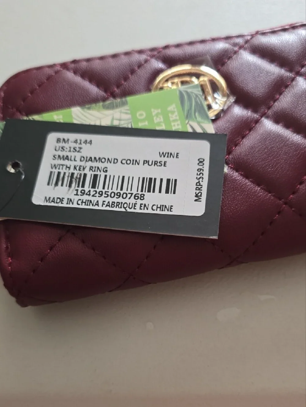 Badgley Mischka Quilted Wine Zip Card Wallet with Gold Logo